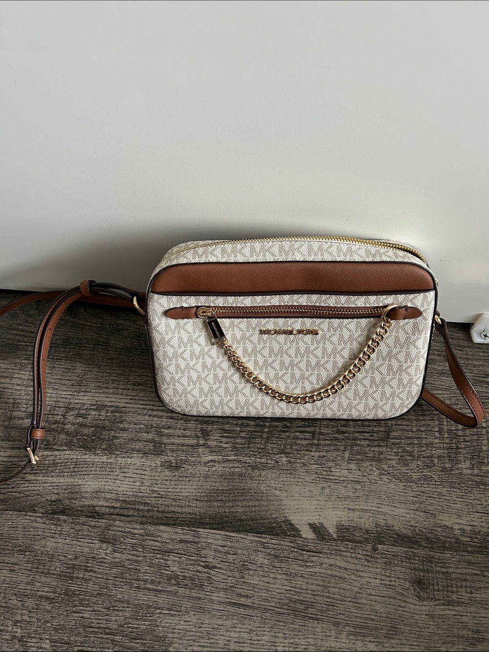 Michael Kors Cream and Brown Logo Crossbody with Gold Chain